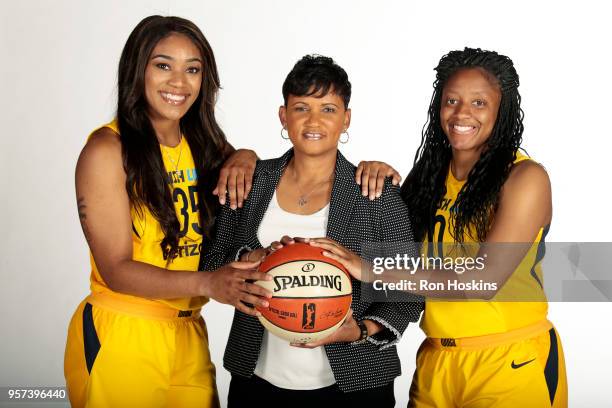 Victoria Vivians Head Coach Pokey Chatman and Kelsey Mitchell of the Indiana Fever during Indiana Fever Media Day at Bankers Life Fieldhouse on May...