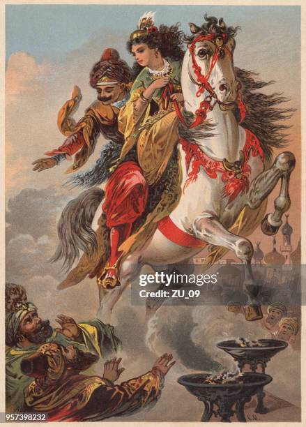illustrations, cliparts, dessins animés et icônes de le cheval magique, de mille et une nuits, lithographie, publiés vers 1890 - culture iranienne