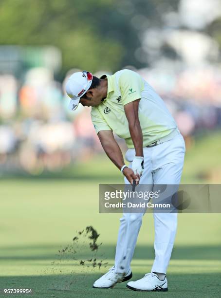 Hideki Matsuyama of Japan plays his second shot on the par 4, 10th hole during the second round of the THE PLAYERS Championship on the Stadium Course...