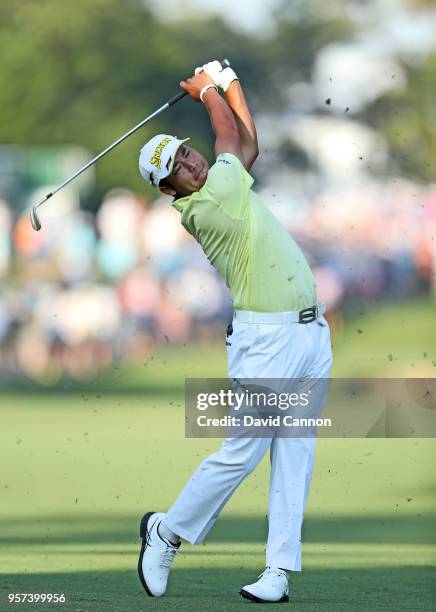 Hideki Matsuyama of Japan plays his second shot on the par 4, 10th hole during the second round of the THE PLAYERS Championship on the Stadium Course...