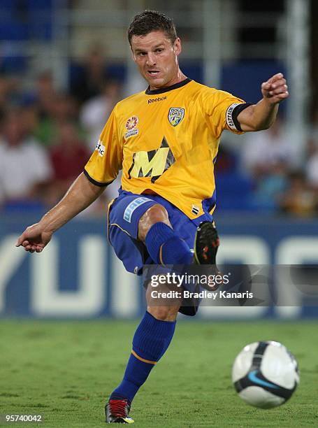 Jason Culina of the Gold Coast passes the ball during the round 19 A-League match between Gold Coast United and the Newcastle Jets at Skilled Park on...