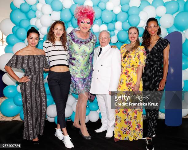 Fernanda Brandao, Elena Carriere, Olivia Jones, Kjell Holm, Ruth Moschner and Annabelle Mandeng are seen on board during the naming ceremony of the...