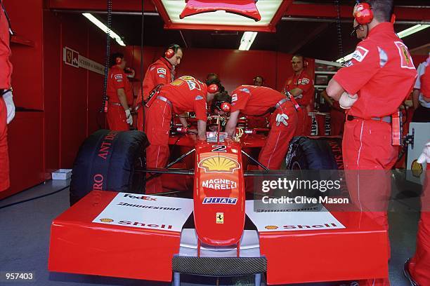 The Ferrari of Rubens Barrichello in the garage before the Formula One Canadian Grand Prix in Montreal, Canada. \ Mandatory Credit: Clive Mason...