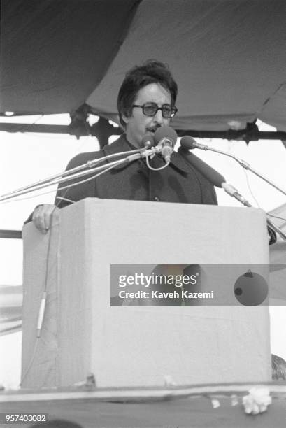 Abolhassan Banisadr the first Iranian president after the Iranian Revolution speaks to the crowd during the anniversary of revolution in Azadi Square...