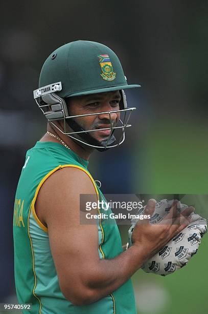 Ashwell Prince of South Africa with an ice-pack on his hand during a nets session at the Bidvest Wanderers Stadium on January 13, 2010 in...