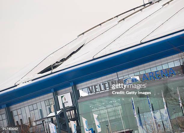 The roof of the Veltins Arena is crashed by the ice on January 13, 2010 in Gelsenkirchen, Germany. A 10-metre-long crack in the roof over the main...