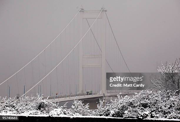 Truck drives along the M48 motorway leading from the Severn Bridge which has been closed due to adverse weather on January 13, 2010 near Bristol,...