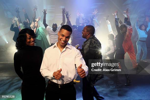 Jimmie Wilson acting as Barack Obama and Della Miles as Michelle Obama perform during a rehersal of 'HOPE - the Obama Musical Story' at Crystal Ball...