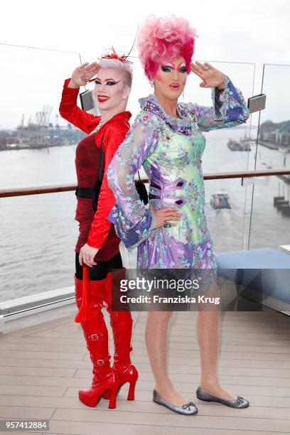 Veuve Noire and Olivia Jones are seen on board during the naming ceremony of the cruise ship 'Mein Schiff 1' on May 11, 2018 in Hamburg, Germany.