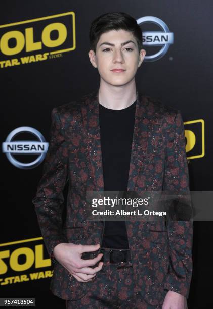 Actor Mason Cook arrives for the Premiere Of Disney Pictures And Lucasfilm's "Solo: A Star Wars Story" held on May 10, 2018 in Los Angeles,...