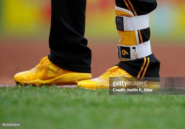 Starling Marte of the Pittsburgh Pirates is seen wearing Adidas baseball cleats against the St. Louis Cardinals at PNC Park on April 29, 2018 in...