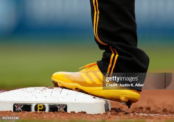 Starling Marte of the Pittsburgh Pirates is seen wearing Adidas baseball cleats against the St. Louis Cardinals at PNC Park on April 29, 2018 in...