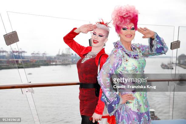 Veuve Noire and Olivia Jones are seen on board during the naming ceremony of the cruise ship 'Mein Schiff 1' on May 11, 2018 in Hamburg, Germany.