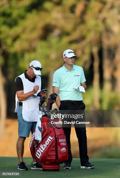 Brendan Steele of the United States waits to play his third shot on the par 4, 10th hole during the second round of the THE PLAYERS Championship on...