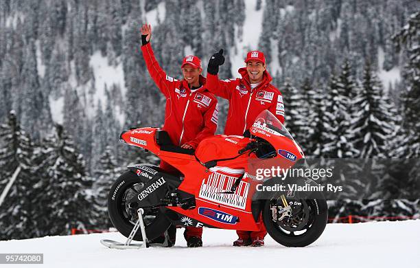 Nicky Hayden of the USA and Casey Stoner of Australia present their new Ducati GP10 bike during the Wrooom 2010 on January 13, 2010 in Madonna di...