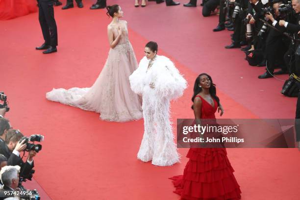 Araya Hargate and Aja Naomi King attend the screening of "Ash Is The Purest White " during the 71st annual Cannes Film Festival at Palais des...