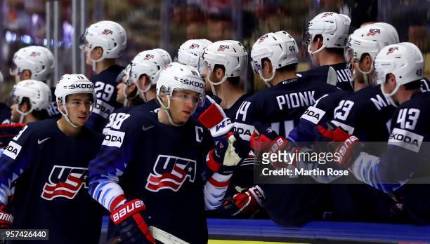 Cam Atkinson of United States celebrates a goal with his team mates during the 2018 IIHF Ice Hockey World Championship group stage game between...
