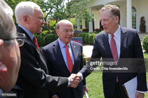 Sen. Orrin Hatch , Commerce Secretary Wilbur Ross and U.S. Trade Representative Robert Lighthizer visit following an announcement by President Donald...