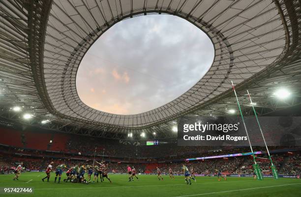 General view of the action during the European Rugby Challenge Cup Final match between Cardiff Blues and Gloucester Rugby at San Mames Stadium on May...