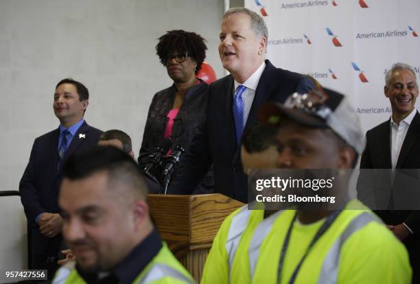 Doug Parker, chairman and chief executive officer of American Airlines Group Inc., speaks during an event to mark the opening of five new gates...