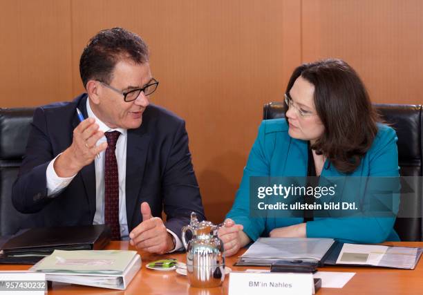 Ministers Gerd MUELLER , CSU , and Andrea NAHLES , SPD , during a cabinet meeting