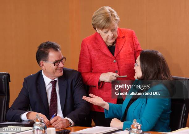 Ministers Gerd MUELLER , CSU , and Andrea NAHLES , SPD , are talking to Chancellor Angela MERKEL , CDU , during a cabinet meeting