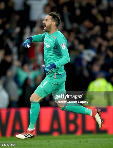 Scott Carson of Derby celebrates his teams goal during the Sky Bet Championship Play Off Semi Final:First Leg match between Derby County and Fulham...