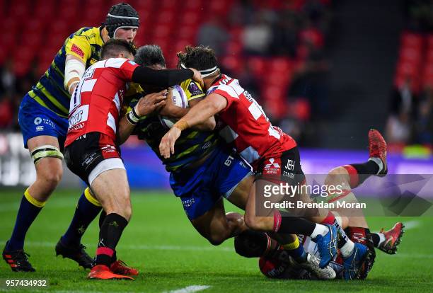 Bilbao , Spain - 11 May 2018; Nick Williams of Cardiff Blues is tackled by Henry Trinder, left, James Hanson and Lewis Ludlow of Gloucester Rugby...