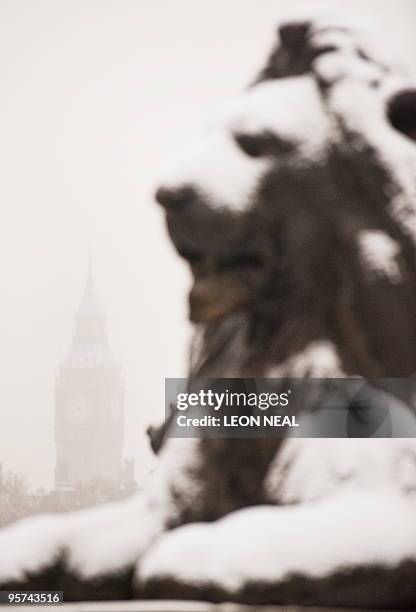 The Houses of Parliament are barely visible through the mist and snow behind a snow-covered lion in Trafalgar Square in central London on January 13...
