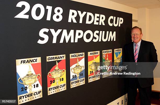 Richard Hills, Ryder Cup Director for The European Tour, poses for a photograph in front of a branded backdrop during The 2018 Ryder Cup Symposium at...