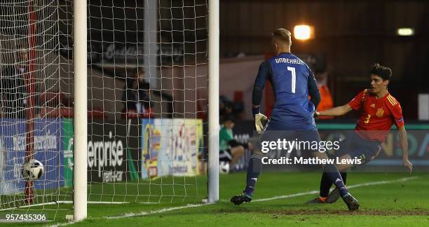 Miguel Gutierrez of Spain scores his teams fifth goal during the UEFA European Under-17 Championship Group Stage match between Spain and Germany at...