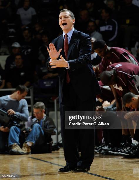 Head coach Mark Turgeon of the Texas A&M Aggies sends in a play during a game the Kansas State Wildcats on January 12, 2010 at Bramlage Coliseum in...