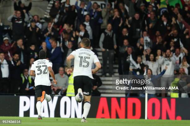 Cameron Jerome of Derby County celebrates after scoring a goal to make it 1-0 during the Sky Bet Championship Play Off Semi Final:First Leg match...