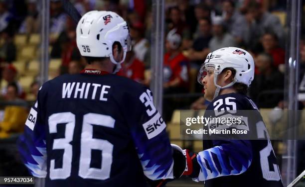 Blake Coleman of United States celebrate with team mate Colin White after he scores the 7thgoal during the 2018 IIHF Ice Hockey World Championship...