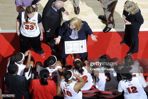 Head coach Brenda Frese of the Maryland Terrapins talks to her team during the game against the Loyola Greyhounds at the Comcast Center on December...