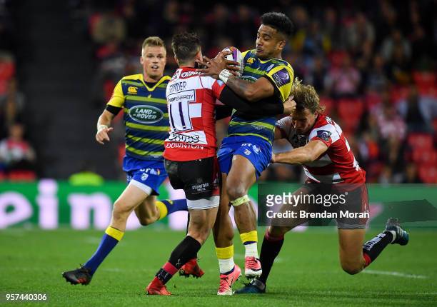 Bilbao , Spain - 11 May 2018; Rey Lee-Lo of Cardiff Blues is tackled by Henry Trinder, left, and Billy Twelvetrees of Gloucester Rugby during the...