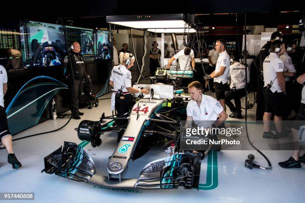 Lewis Hamilton from Great Britain Mercedes W09 Hybrid EQ Power+ team Mercedes GP inside the box during the Spanish Formula One Grand Prix at Circuit...