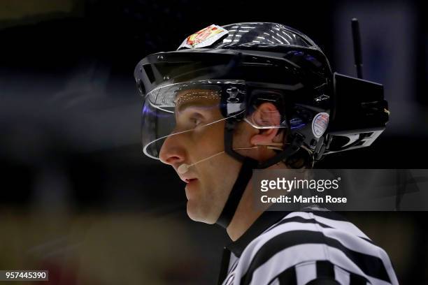 The referee TV helmet camera is pictured during the 2018 IIHF Ice Hockey World Championship group stage game between United States and Korea at Jyske...