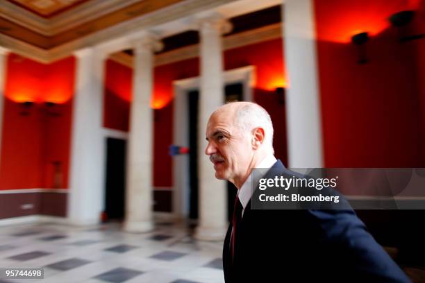 George Papandreou, Greece's prime minister, arrives for a press conference in Athens, Greece, on Wednesday, Jan. 13, 2010. Greece will not leave the...