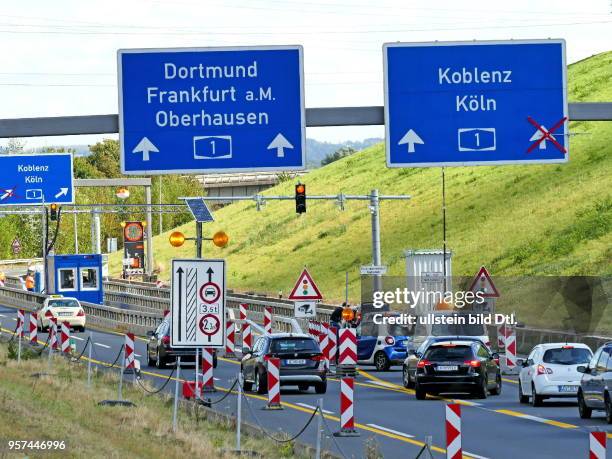 Truck barrier at the entrance to the A1. The motorway bridge across the Rhine near Leverkusen is closed to heavy traffic because of the high burden...