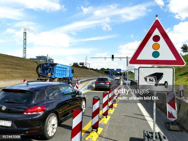 Truck barrier at the entrance to the A1. The motorway bridge across the Rhine near Leverkusen is closed to heavy traffic because of the high burden...