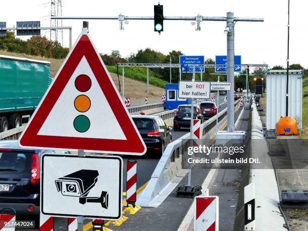 Truck barrier at the entrance to the A1. The motorway bridge across the Rhine near Leverkusen is closed to heavy traffic because of the high burden...
