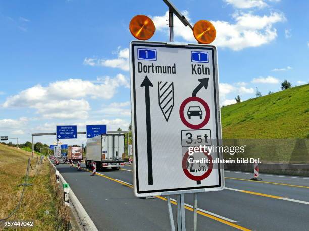 Truck barrier at the entrance to the A1. The motorway bridge across the Rhine near Leverkusen is closed to heavy traffic because of the high burden...