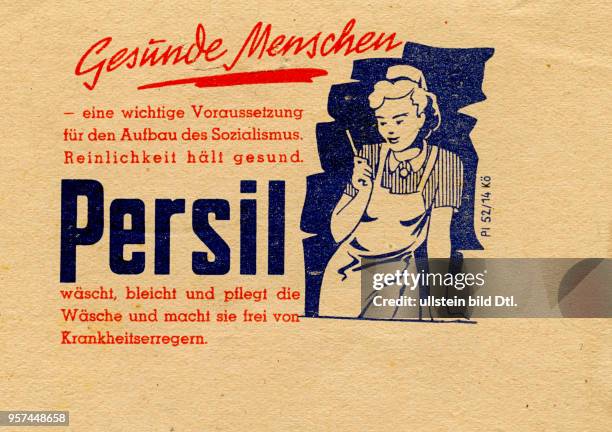 Persil Waschmittel, Reklame 1952, auf einem Notizblock: Gesunde Menschen - eine wichtige Voraussetzung für den Aufbau des Sozialismus. Reinlichkeite...