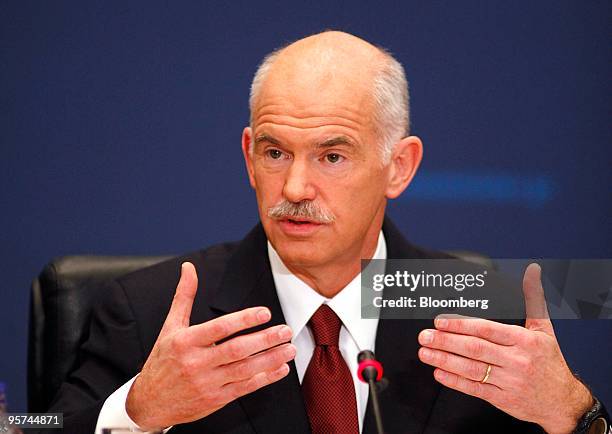 George Papandreou, Greece's prime minister, speaks at a press conference in Athens, Greece, on Wednesday, Jan. 13, 2010. Greece will not leave the...