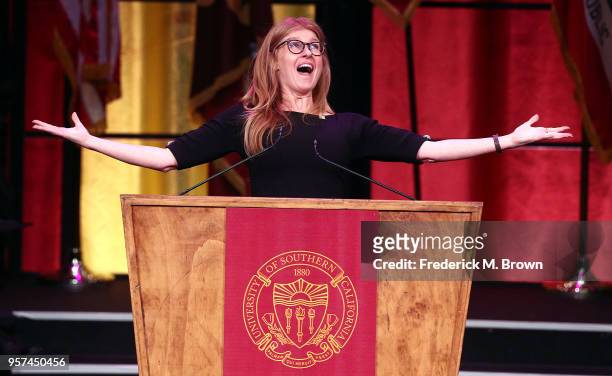 Actress Connie Britton delivers the keynote address for the USC School of Dramatic Arts' Commencement Ceremony on May 11, 2018 in Los Angeles,...