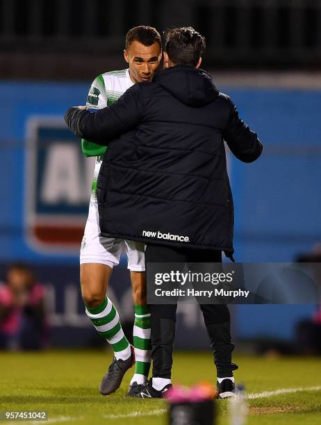 Dublin , Ireland - 11 May 2018; Graham Burke of Shamrock Rovers celebrates after scoring his sides first goal with Manager Stephen Bradley during the...