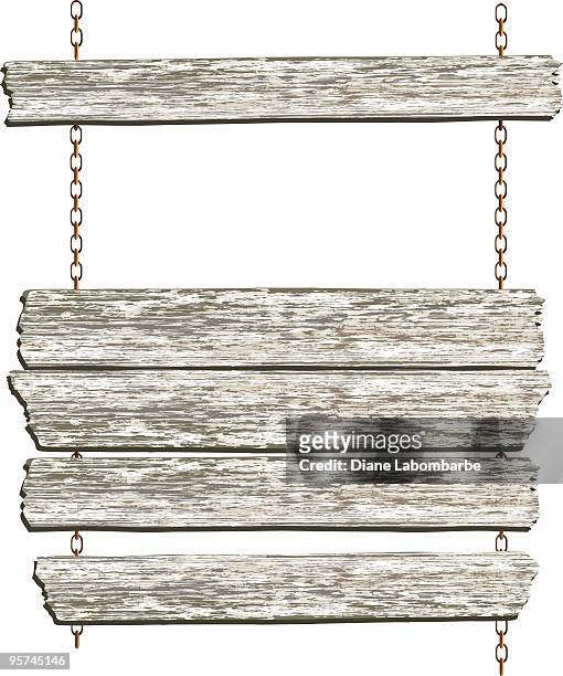 old west hanging sign with whitewashed woodgrain boards and chains - hanging board stock illustrations