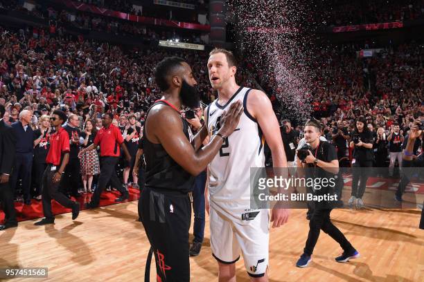 James Harden of the Houston Rockets greets Joe Ingles of the Utah Jazz after the game in Game Five of the Western Conference Semifinals of the 2018...
