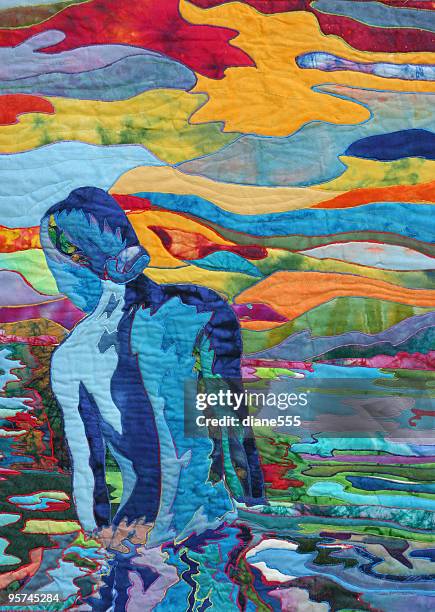 woman wading in the water art quilt vertical - wading stock illustrations stock illustrations